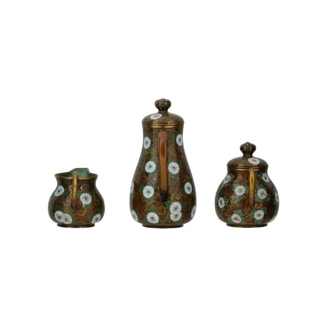 Paint Antique Japanese Cloisonne Enamel Gold Stone Coffee Set- 3 Pieces For Sale - Image 7 of 10