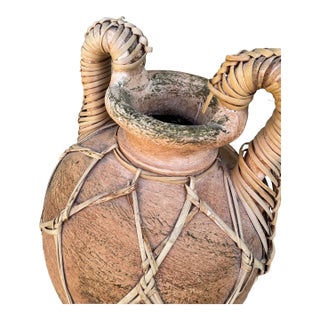 Vintage Rattan-Lattice Terracotta Amphora Vase — Boho Coastal Mediterranean Style For Sale