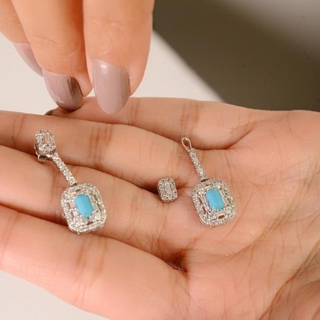 Postmodern Art Deco Convertible Turquoise & Diamond Halo Drop Earrings in 14k White Gold- 2 Pieces For Sale - Image 3 of 14