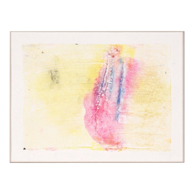 Blue and Pink on Yellow - Textured Transfer Monotype in Oil on Paper by Heather Speck For Sale