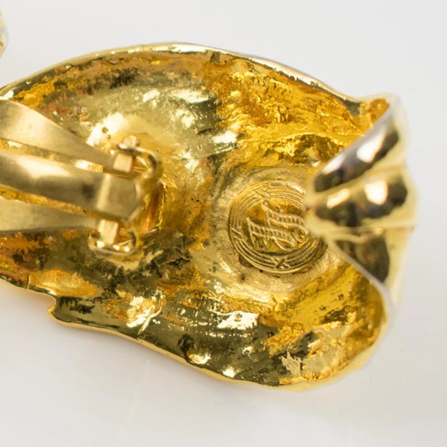 Metal Ines de la Fressange Paris Jeweled Clip Earrings Gilt Metal Carved Leaf - 2 Pieces For Sale - Image 7 of 7