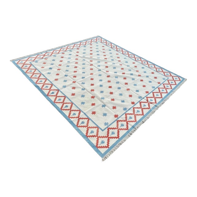 Handmade Cotton Vegetable Dyed Rug, Star Geometric White, Sky Blue and Terracotta Dhurrie - 9'x12' For Sale