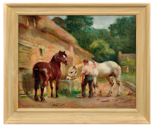 Raimond Louis Lecourt, Working Horses at the Trough, 1908, Oil on Canvas, Framed