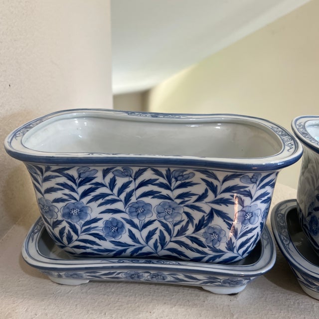 Vintage Hand Painted Blue & White Footed Planters with Under Trays - Set of 2 For Sale - Image 4 of 12