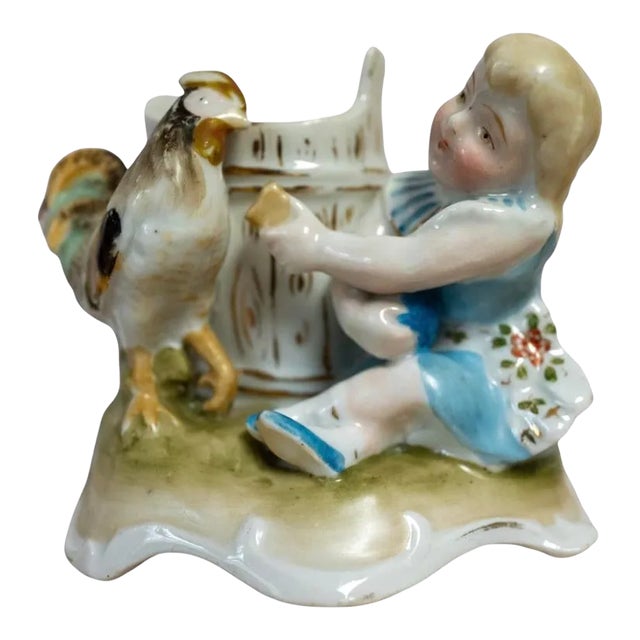 Late 19th Century Girl Feeding Chicken Porcelain Match Striker / Holder For Sale