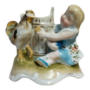 Late 19th Century Girl Feeding Chicken Porcelain Match Striker / Holder