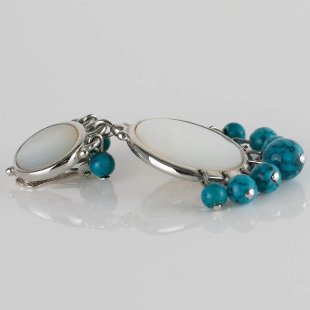 2000 - 2009 Christian Dior Silvered Metal Clip Earrings with Mother of Pearl and Turquoise For Sale - Image 5 of 11