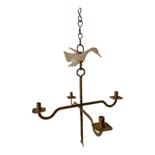 Large Vintage Handmade Wrought Iron Bird Hanging Candle Holder Chandelier Lamp For Sale