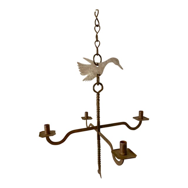 Large Vintage Handmade Wrought Iron Bird Hanging Candle Holder Chandelier Lamp For Sale