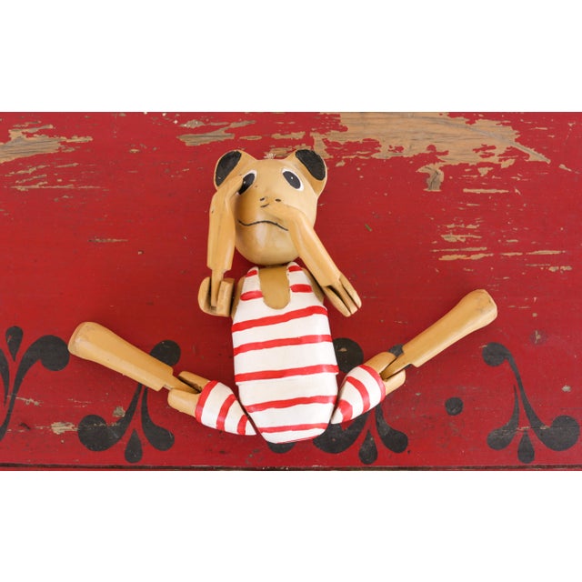 Vintage Wooden Teddy Bear Jointed Red & White Shelf Sitter Hand Carved Folk Art For Sale - Image 13 of 14