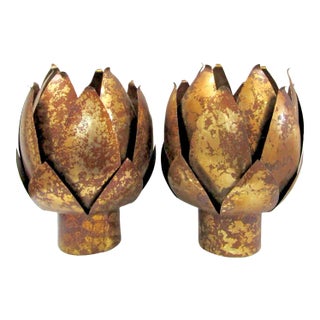 Pair of Mid-Century Modern Brass and Distressed Copper Lotus Blossom Candle Holders Jardiniers For Sale
