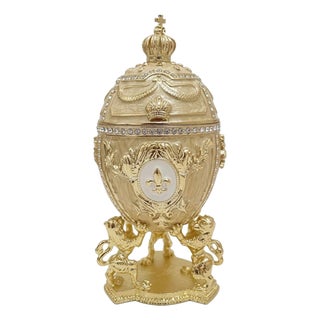 Pierre Lorren Handmade Faberge Egg Style Trinket Fabergé Egg Style Austrian Crystal Diamond Pure Gold Deco Hand Painted 5 Star Egg & Handmade Bracelet For Sale