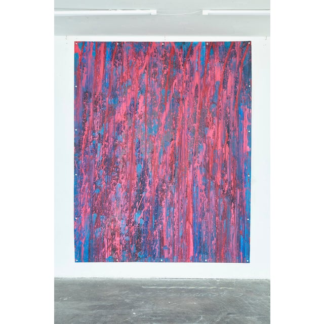 First viscous black paint was thrown from a tube. Followed by brushed layers of red, cyan and blue paint. The piece ends...