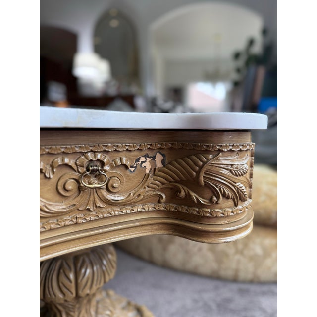 Hollywood Regency Vintage French Provincial Style Carved Wood Side Tables With a Marble Top For Sale - Image 3 of 9