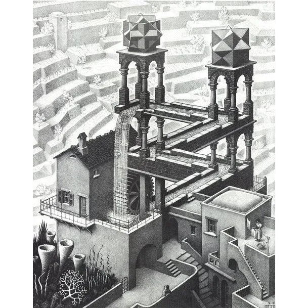 Artist: M.C. Escher Title: Waterfall (Small) Year: Unknown Signed: No Medium: Offset Lithograph Paper Size: 22.75 x 18.5...