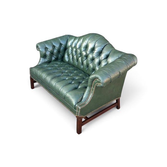 Vintage English Chippendale-Style Forest Green Tufted Leather Camelback Settee For Sale - Image 15 of 15
