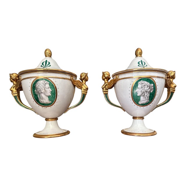 Vintage Ugo Zaccagnini Italian Neoclassical Urns With Faux Malachite Cartouches - A Pair For Sale