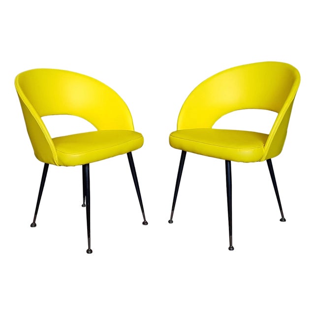 Vintage Yellow Faux Leather Armchairs with Brass Legs, 1950s, Set of 2 For Sale