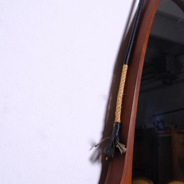 Vintage Oval Teak Mirror with Rope and Leather Details, 1950s For Sale - Image 11 of 13