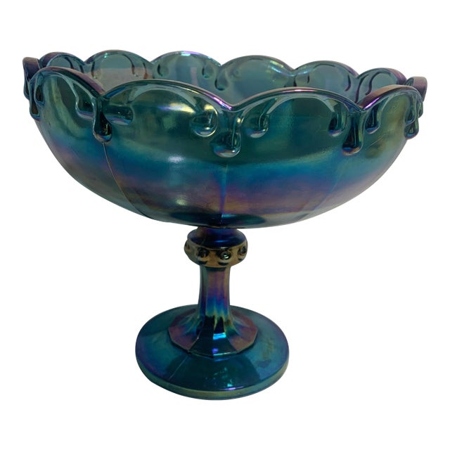 1960s Indiana Garland Teardrop Carnival Glass Iridescent Large Pedestal Compote For Sale