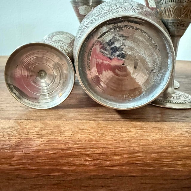 Metal Vintage Asian Silver Plated Etched Brass Cocktail Shaker & Cordial Set- 7 Pieces For Sale - Image 7 of 9