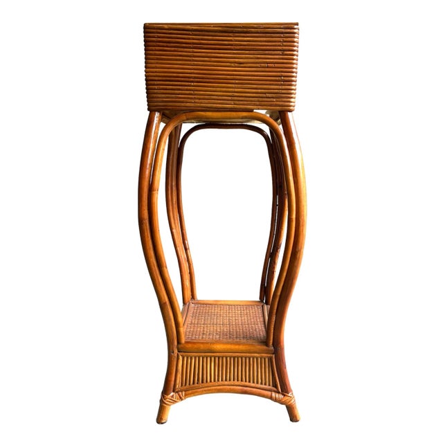 Wood Vintage Coastal Pencil Reed Woven Bamboo Plant Stand For Sale - Image 7 of 7