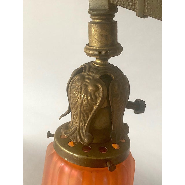 Brass 1910s Fine Rembrandt Bridge Floor Lamp, All Original, Arts & Crafts, Mission Style, Carnival Glass Shade For Sale - Image 8 of 9