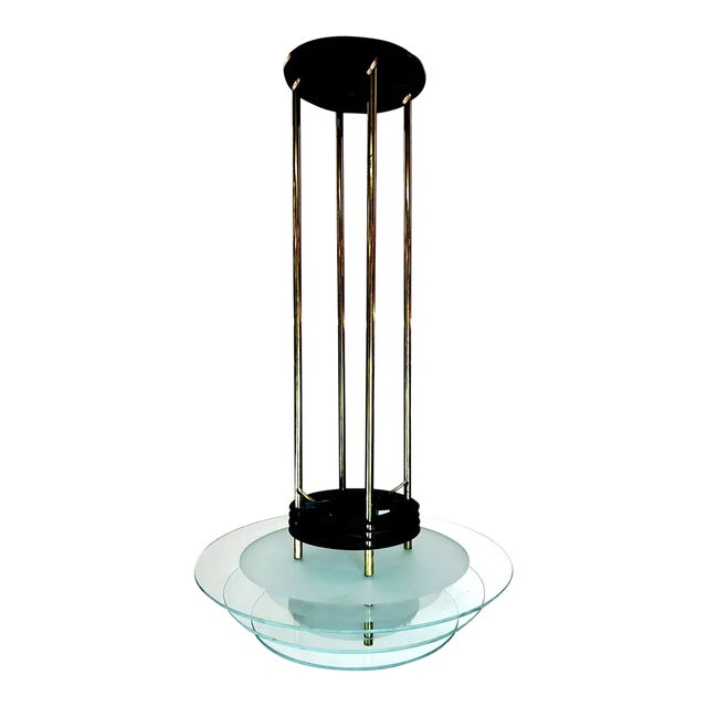 Brass Chandelier with 3 Glass Panels, 1970s For Sale