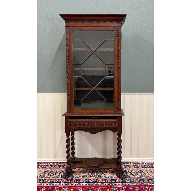 Antique English Oak Jacobean Revival Bookcase Barley Twist Display Cabinet C1890 For Sale - Image 9 of 17