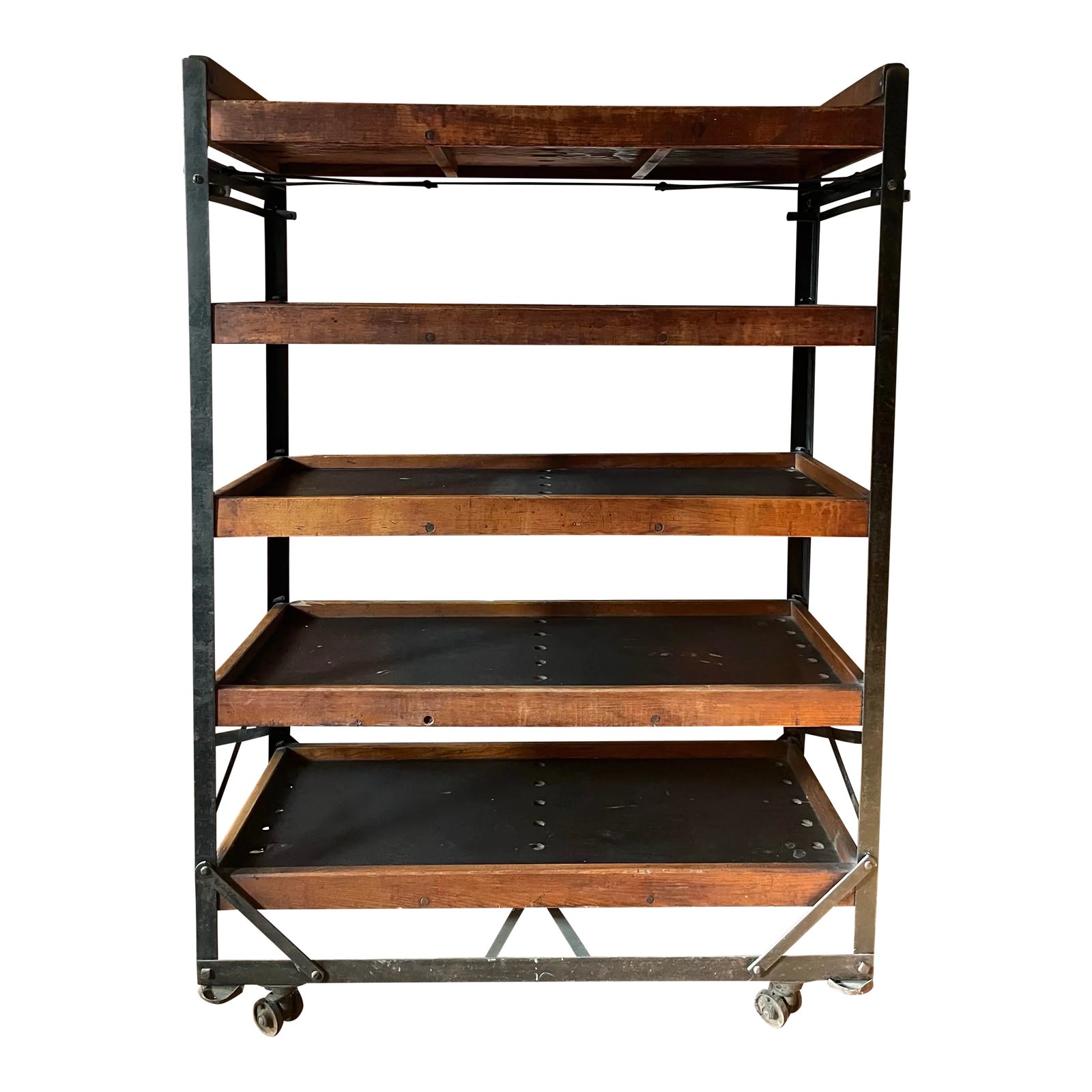 Antique Industrial Neverax Wood and Iron Rolling Open Shelving