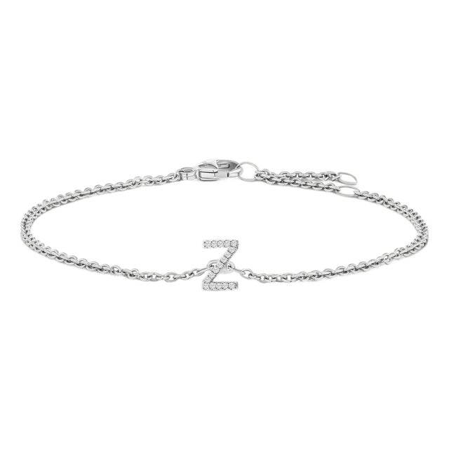 10K White Gold Diamond Accent "Z" Initial Charm and Link Bracelet For Sale