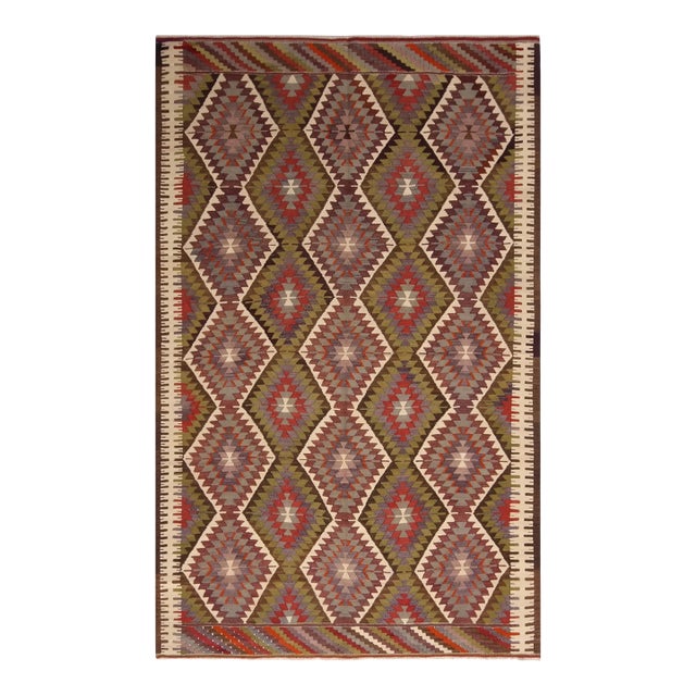 1950s Vintage Mid-Century Antalya Beige Blue and Green Wool Kilim Rug For Sale