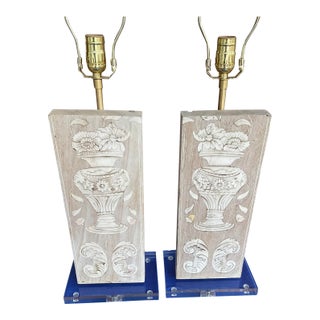 Pair Antique Marquetry Bleached Architectural Fragment Lamps W/Lucite Bases For Sale
