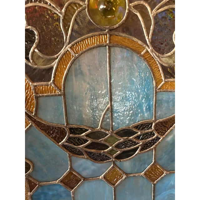 Wood 19th Century Victorian Stained Glass Dome Top Window Panel For Sale - Image 7 of 12