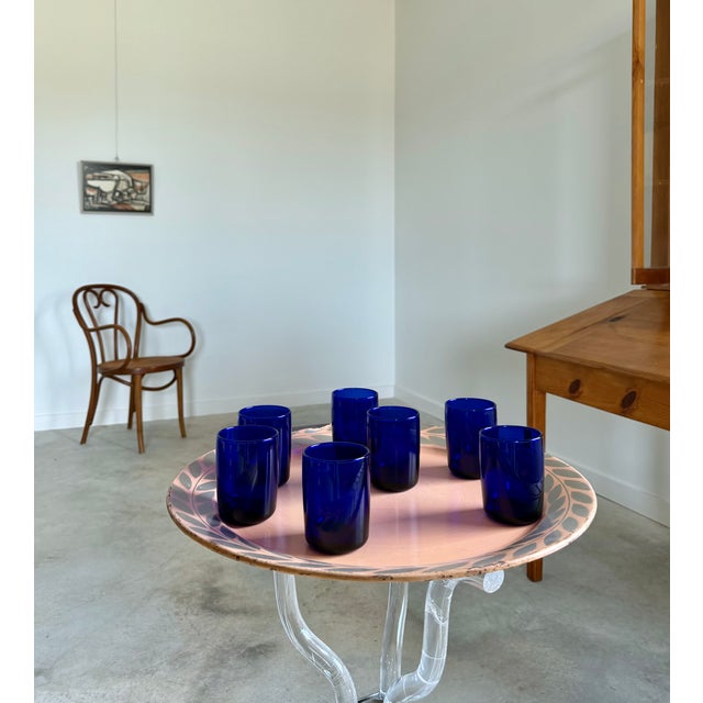 Art Deco Style Cobalt Blue Glasses, Set of 7 Hand Blown Lowball Glassware Set For Sale - Image 13 of 16