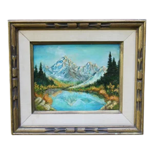 Antique Traditional Mountains and Lake Landscape Oil Painting