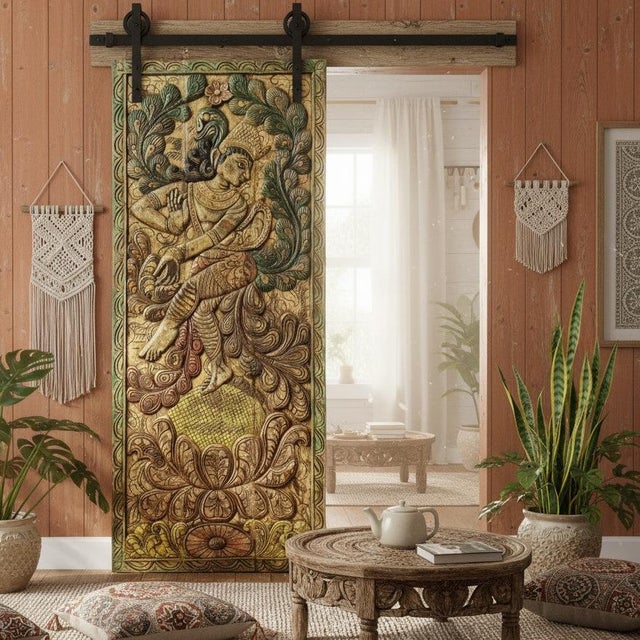 Yellow Vintage Colorful Dancing Krishna Carved Wood Door – Handcrafted Indian Art Wall Panel 83x36 For Sale - Image 8 of 8