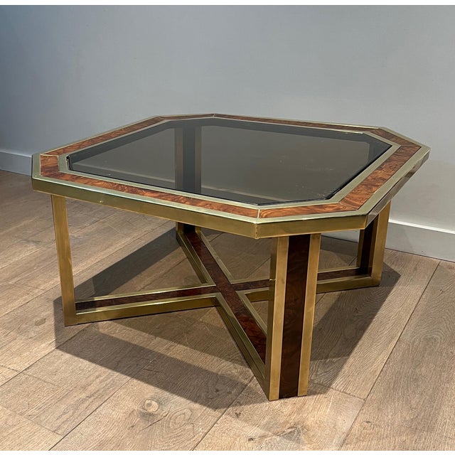 1970s Octagonal walnut and brass coffee table. French work. Circa 1970 For Sale - Image 5 of 12