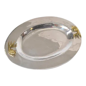 Oval Serving Tray Platter Bronze Fish Handles and Chrome Finish Art Deco Style