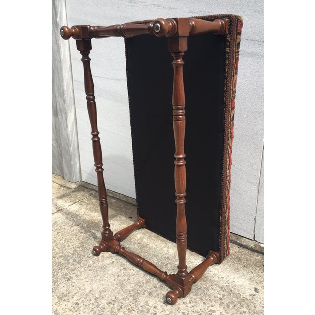 Turned Leg Wooden Bench Covered With Antique Belochistan Oriental Prayer Rug For Sale In Savannah - Image 6 of 13