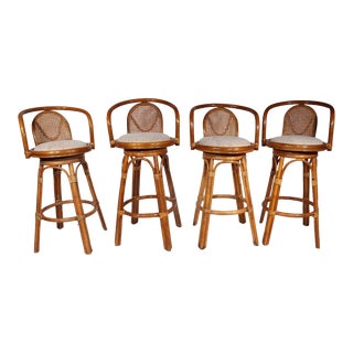 Set of Four Mid Century Bamboo Swivel Bar Stools C 1960/1980's For Sale
