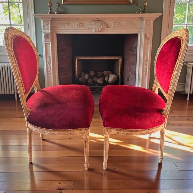 Ruby Red Ruby Red Pair French Velvet Silk Fabric Trim Custom Accent Chairs For Sale - Image 8 of 10