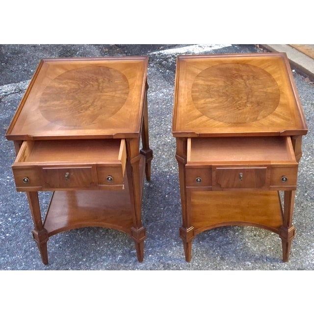 Wood Mid 20th Century Pair John Widdicomb Walnut and Burl Single Drawer Tiered Side Tables For Sale - Image 7 of 18