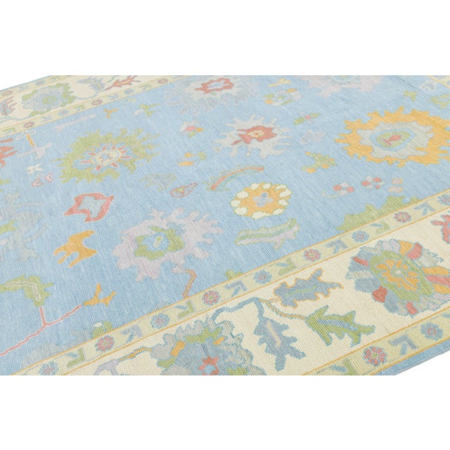 8x10 Modern Oushak Style Hand-Knotted Wool Rug - Pastel Blue & Cream Floral For Sale - Image 4 of 10