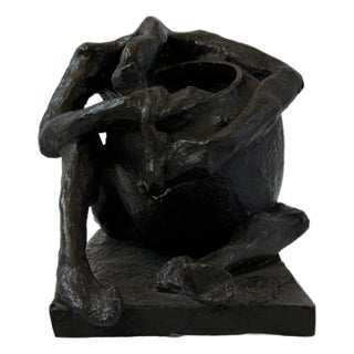 Modernist Bronze Seated Figure With Bowl – Abstract Figurative Sculpture For Sale