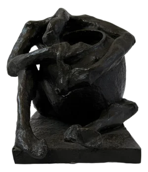 Modernist Bronze Seated Figure With Bowl – Abstract Figurative Sculpture