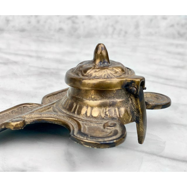 Vintage Victorian Gilded Brass Inkwell Fountain Pen Stand For Sale - Image 6 of 10