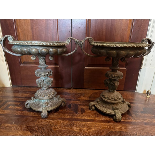 Pair of Monumental Neoclassical Style Bronze Urn Planters With Ram’s Head Motif For Sale - Image 4 of 4