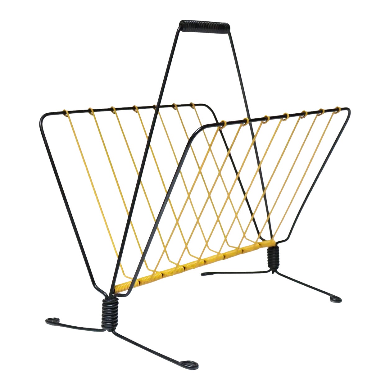 Vintage French Modern Yellow and Black Wire Magazine Rack | Chairish