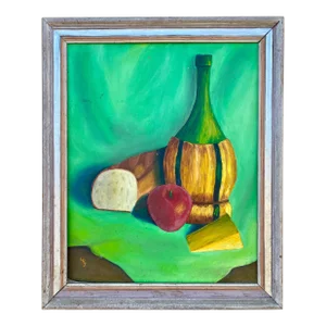 Green Midcentury Modern Original Still Life Painting in Rustic Frame